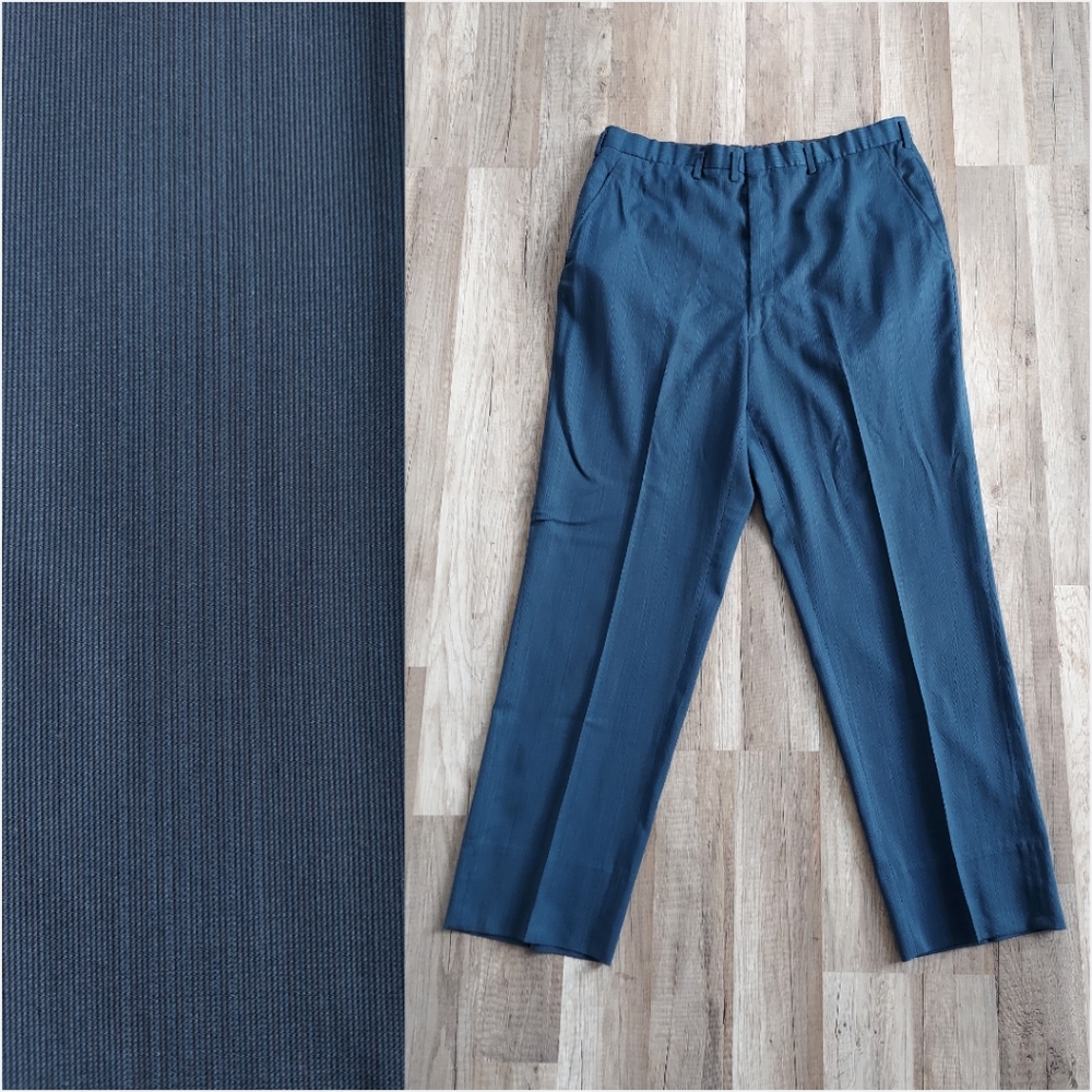 Vintage 50s Trousers Flat Front Navy Black Thin Stripe Metal Zipper 34x29